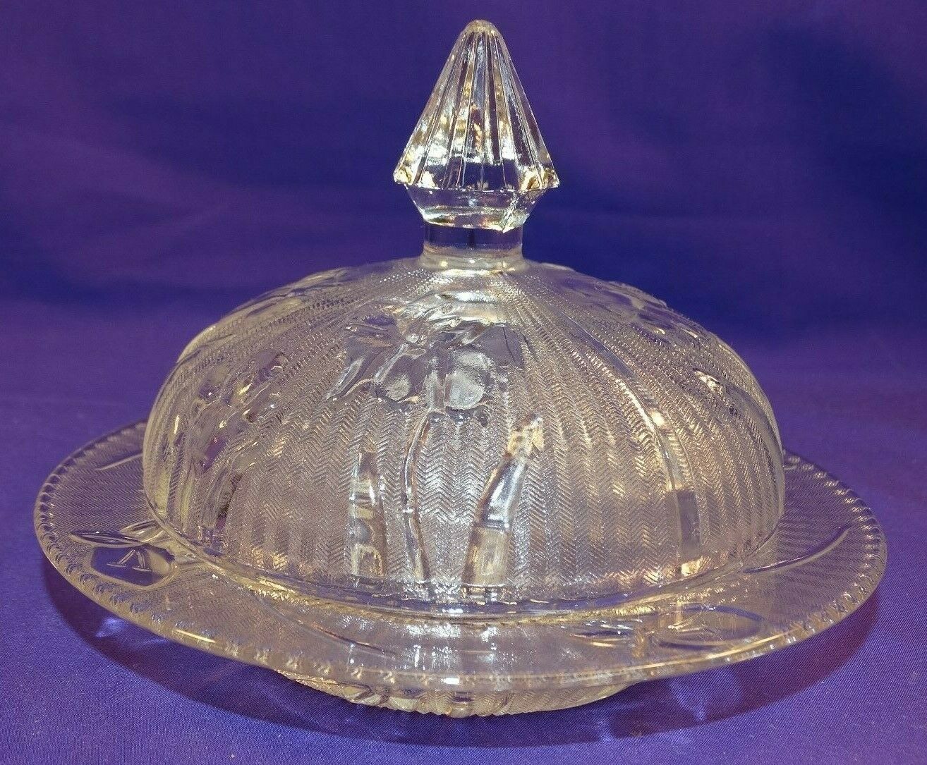 1930's Jeanette Depression Glass Domed Butter Dish Iris & Herringbone