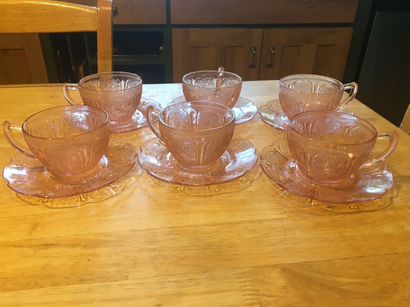 Six (6) Pink Jeannette Cherry Blossom Cup & Saucer Sets  1930-1939