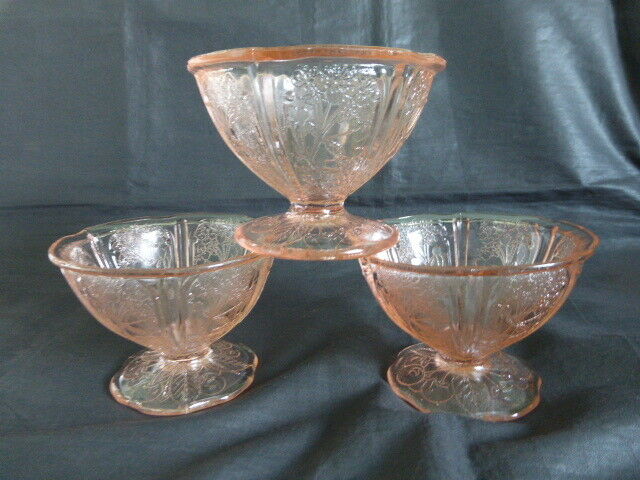 3 Jeannette Cherry Blossom Pink Sherbet Cups Depression Glass Scallop Base