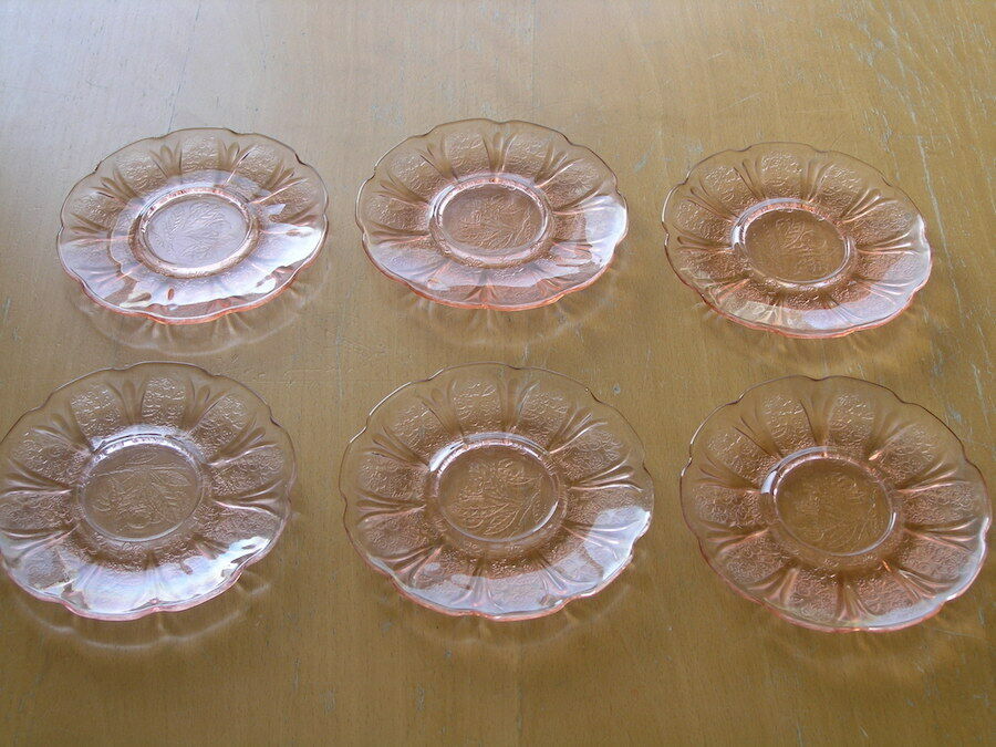 6 Jeannette Glass Company Depression Cherry Blossom Ringed Saucers 5 5/8" All Ln