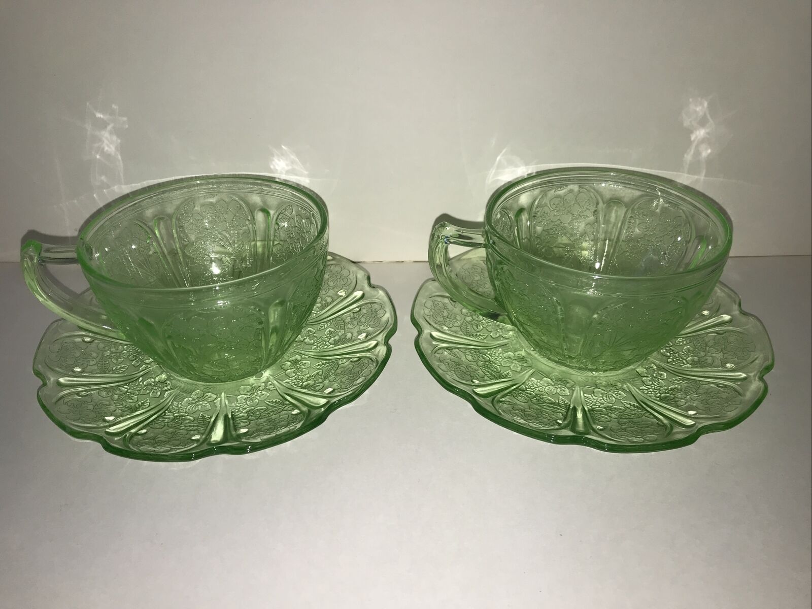 Green Cherry Blossom Cups And Saucers Pair Jeanette