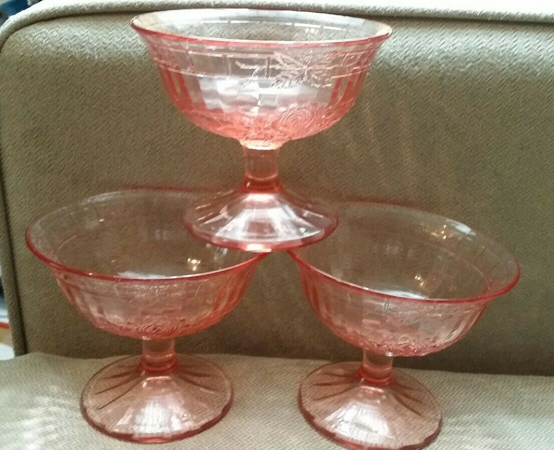 3 Pink Depression Glass Sherbets With Rose And Leaves Pattern, Striated Glass